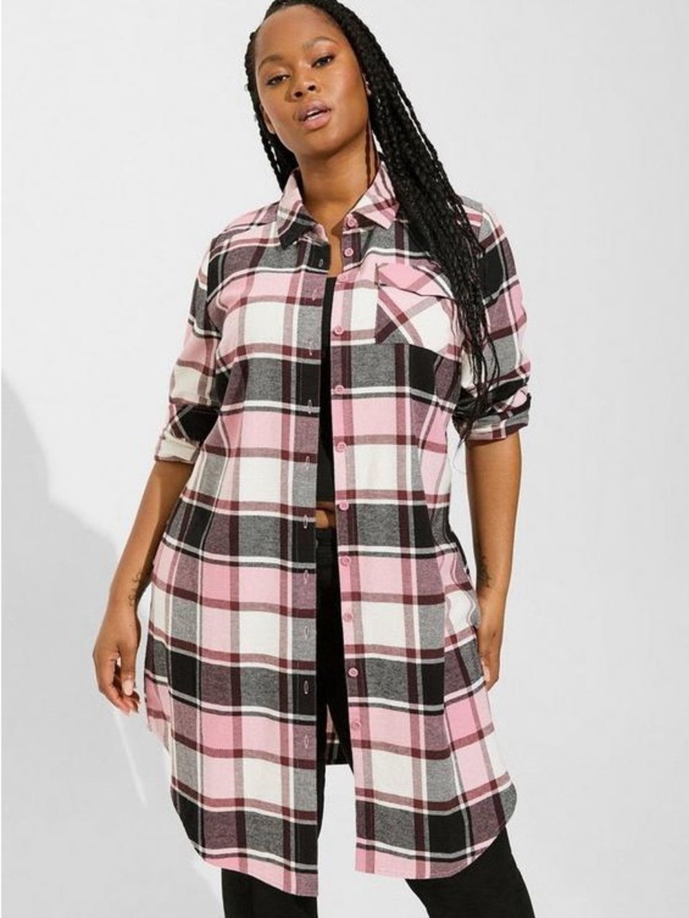 Torrid Flannel Midi Shacket in a pink plaid pattern